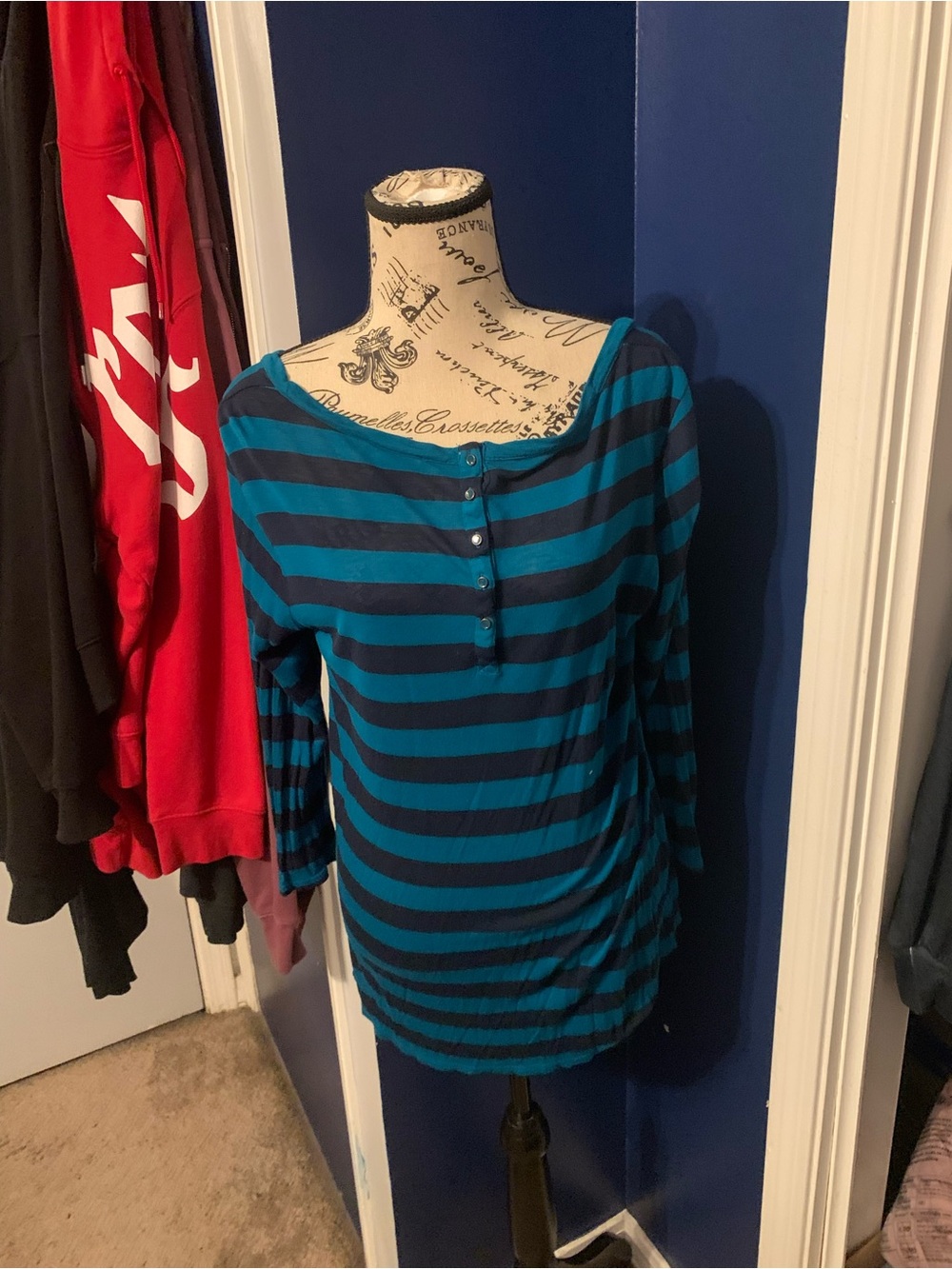Lucky Brand Teal and Black Striped Henley Long-Sleeve Top